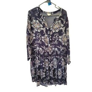 Hinge Navy Blue Floral Crochet Boho Oversized Dress Size XS